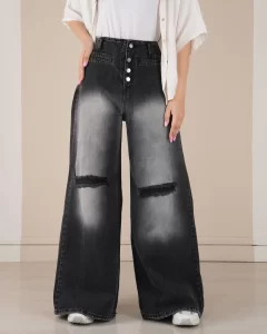 خرید شلوار جین فول بگ زنانه ذغالی شیک