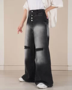 خرید شلوار جین فول بگ زنانه ذغالی شیک